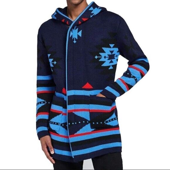 One In A Million Hooded Cardigan Sweater Mens Multicolor Pocket Large Coat - Picture 1 of 12